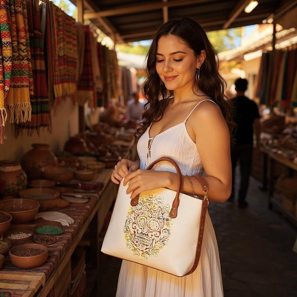 Sugar Skull Multicolor Embossed Tooled Artisan Bag Purse Tote Bolsa Artesanal - Picture 15 of 15